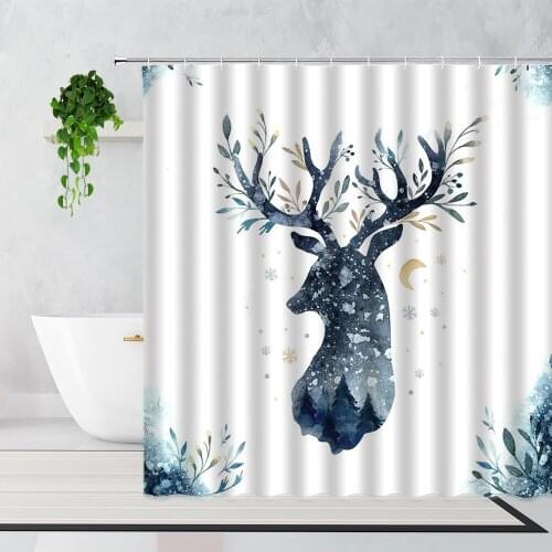 Nordic Style Elk Shower Curtain Forest Animal Home Decor Waterproof Bath Curtains Set With Hooks Wall Decoration Bathtub Screen
