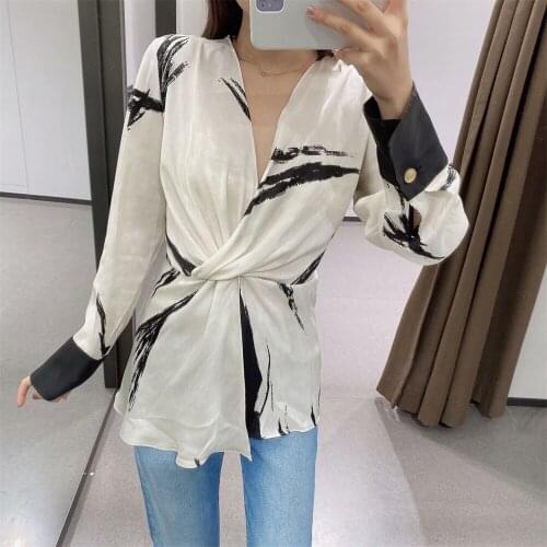 2021 spring and autumn new deep V-neck long-sleeved womens fashion all-match knotted zipper cardigan printed shirt long