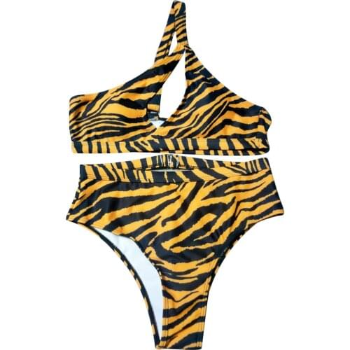 Women Summer Sexy Two-piece Swimming Clothes Sets Yellow Zebra Stripe Printed Pattern Bikini Tops and Shorts Swimsuits