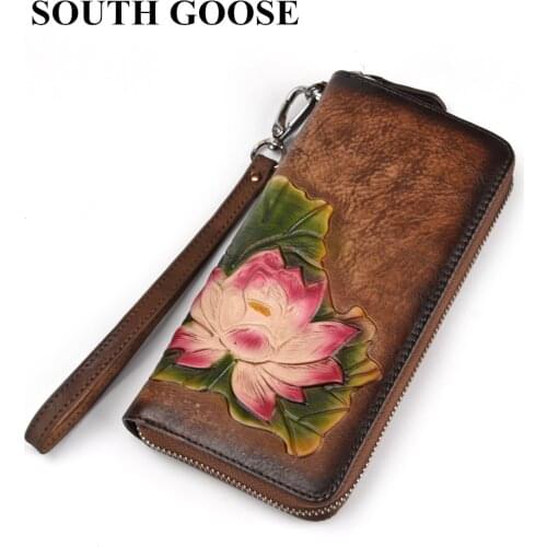 SOUTH GOOSE Genuine Leather Women Long Purse Female Clutches Money Wallets Card Holder Vintage Cowhide Wallet Clutch Wrist Bag