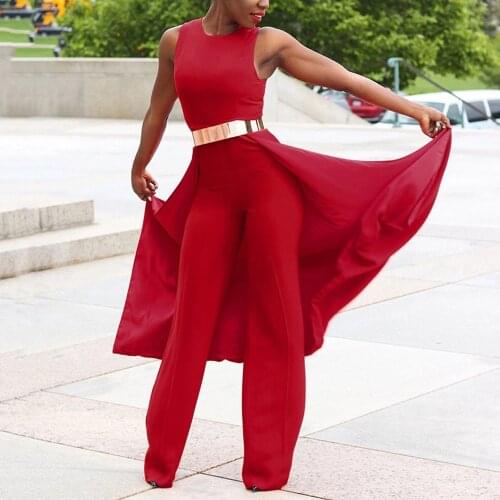 2021 New Red Jumpsuits For Women Floor Length Sleeveless High Waist Elegant Evening Night Party Dinner Rompers Jumpsuits No Belt