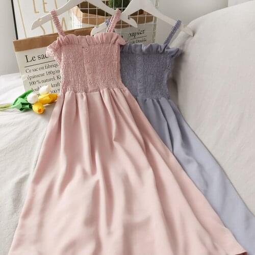 Women Summer Dress 2021 Design new Sleeveless Strapless Elastic Buttons Solid Pleated Dresses Casual Party Dress