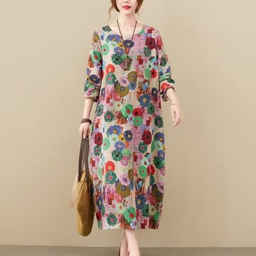 2021 New Arrival Long Sleeve Autumn Dress Print Floral Cotton Linen Vintage Dress Women Travel Casual Midi Spring Dress