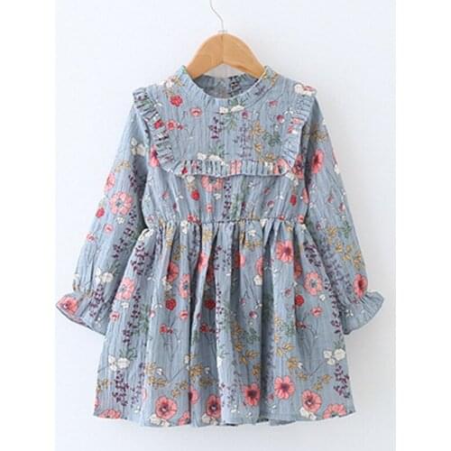 2018 New Simple Sweet Childrens Clothes Baby Girls Printed Pleated Long Sleeve Chiffon Dress 3-8Year