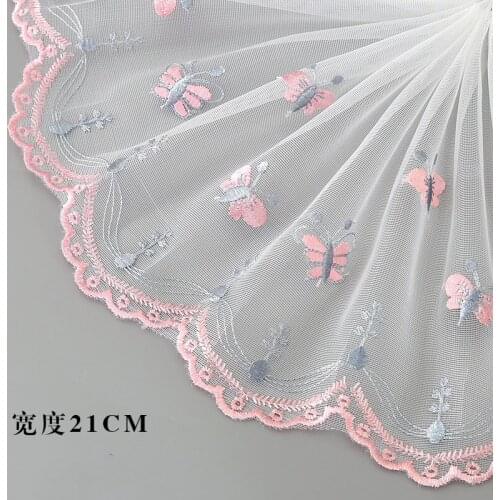 30Yards Blue Pink Butterfly Embroidered Lace Trim Mesh Tulle Fabric For Lingerie Underwear Bra Dolls Dress Decor 21cm Width