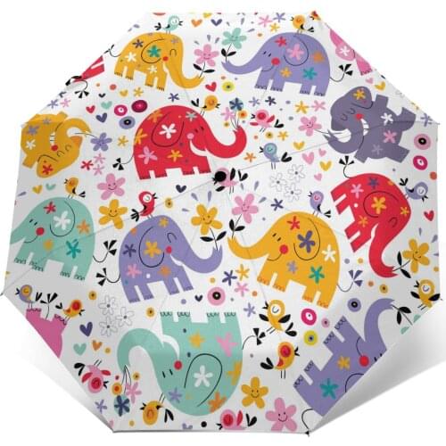 Automatic Umbrella Cute Elephants Birds Flowers Pattern three-fold umbrella women men rain umbrella