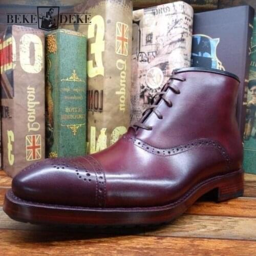 Retro High Top Shoes Carved Brogue Shoes Mens Motorcycle Boots Lace Up Pointed Toe Handmade Cowhide Genuine Leather Cowboy Boots