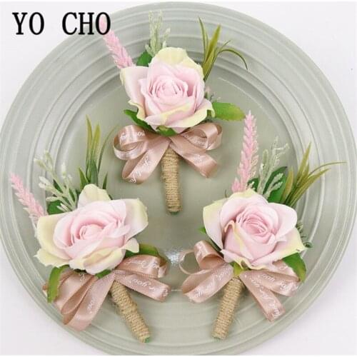 YO CHO Rose Flower Wedding Boutonnieres Champagne Bride Wrist Corsage Groomsmen Boutonniere White Wedding Party Corsage Flower