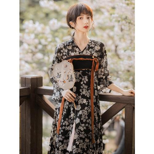 Chinese Dress Black White Hanfu Retro Printing Dress China Elements Cosplay Women Dress Longuette Skirt Summer China Clothing