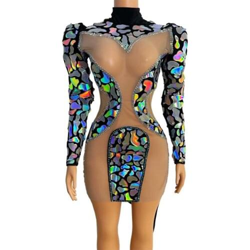 Drag Queen Costume Milticolor Mirror Dress Stretch Mesh Sexy Evening Party Short Dress Nightclub Singer Gogo Dance Rave Outfit