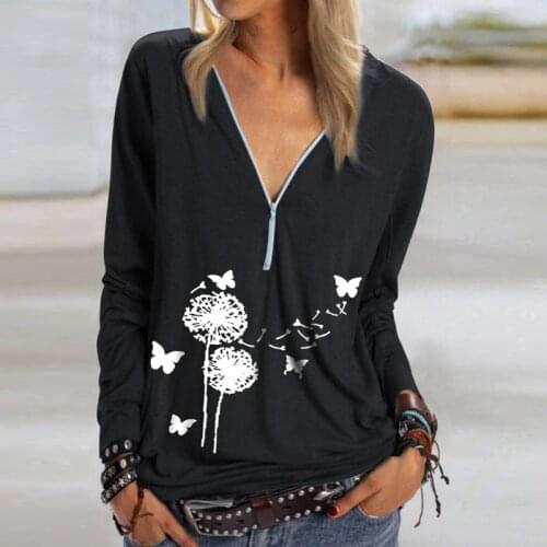 Fashion Flower Dandelion Print T-shirt With Zipper Deep V-neck Sexy Top Long Sleeve Elegant Shirts Long Sleeve Simple Style Tops