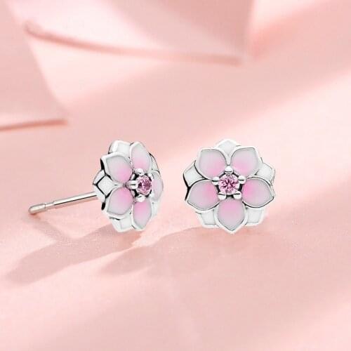 Fashion Party Double Earrings Cute Boho Female Small Pink Flower Earrings 100% Real Sterling Silver Stud Earrings For Women Gift
