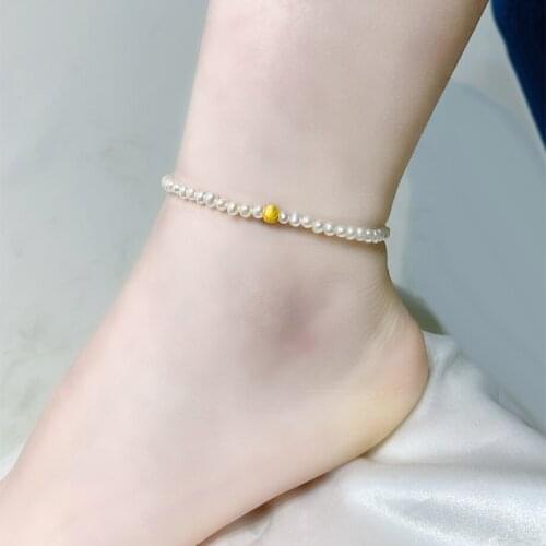 NYMPH Natural Freshwater Pearl Anklet Real 18K Gold AU750 Gold Ball 3-3.5mm White Pearl for Women Fine Jewelry Gift J571