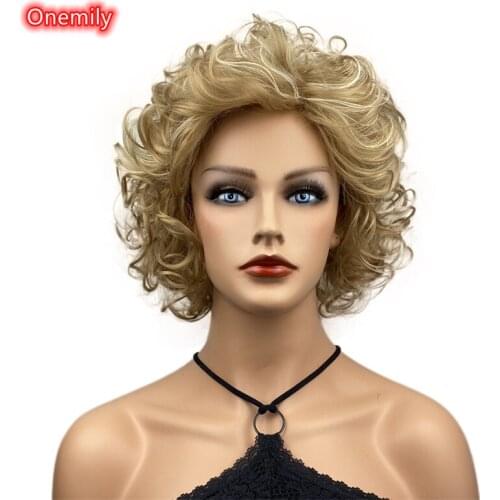 Onemily Short Curly Fluffy Layered Women Blonde Wig for Daily Wear Heat Resistant Synthetic Natural Hair