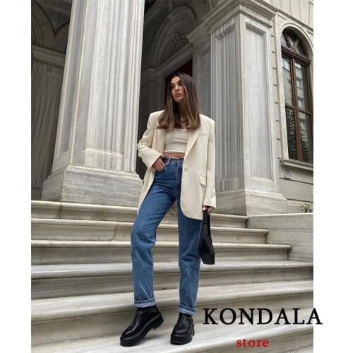 KONDALA Za Fashion Womens Solid Blazer Office Lady Pockets Beige Oversized Jackets Women Vintage Loose Female Chic Mujer Tops