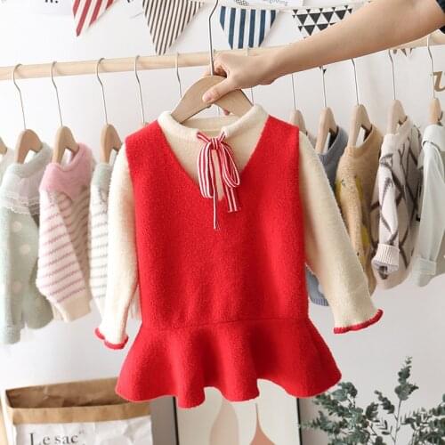Melario Baby Girls Dresses Winter Girls Clothes Dress Bow Dress Girls Knited Clothes Long Sleeve Sweater Dress Suit 2pcs Clothes