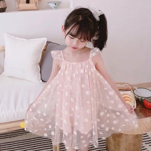 Girls Strap Dress Summer 2020 Floral Mesh Dress Sleeveless Girls Holiday Party Dress DT095