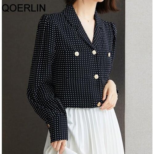QOERLIN Notched Collar V Neck Polka Dot Black Shirts Ladies Full Sleeve Spring Autumn Stylish Office Workwear Women Blouse Plus