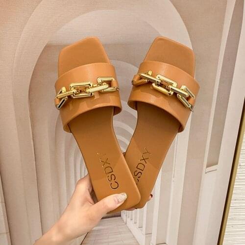 Women Slippers Summer Sandals Solid Color Chain Ladies Outdoor Slides Breathable Beach Flat Shoes Woman Flip Flops Big Size 43