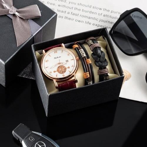 Fashion 3Pcs Men Watch Bracelets Set Quartz Watch Luxury Calendar Wrist Watch With Leather Bracelet Gifts suit For Male Relogio