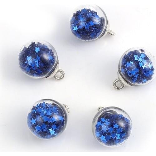 Glass Charms Transparent Glass Bubble Pentagram Star Deep Blue Sequins 21mm( 7/8") x 16mm( 5/8"), 20 PCs