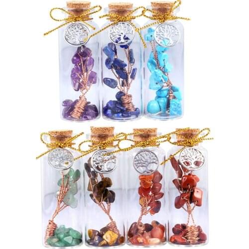 TUMBEELLUWA 1Set(7Pc)7 Chakra Crystal Money Tree in Glass Wishing Bottles,Reiki Tumbled Stone Collection Kit for Wish Luck Decor