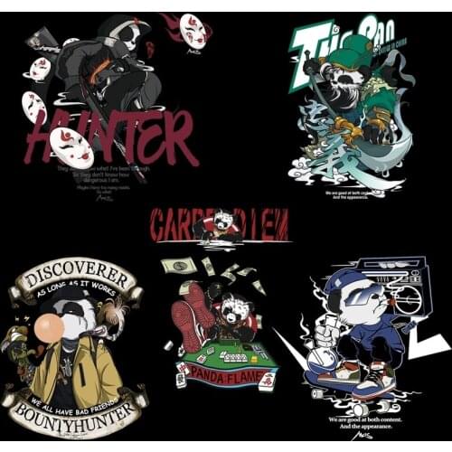 Fun Skateboarding Panda Japanese Anime Cartoon Animal Board Game Heat Transfer Stickers Customizable T-shirt patches