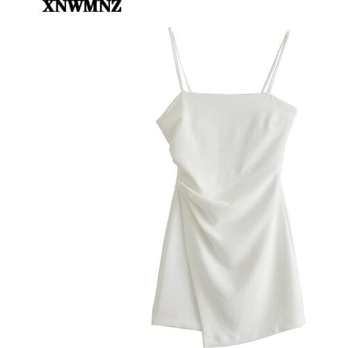 XNWMNZ Za Dress Women Fashion gathered mini dress Woman Backless thin straps Sexy asymmetric hem Ladies Club Night Summer Dress