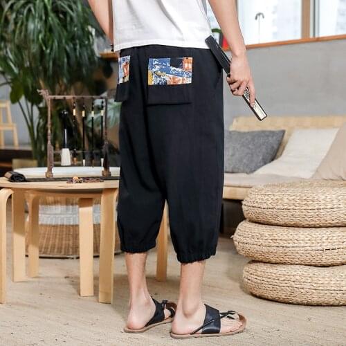 Japanese Casual Kimono Mens Trousers Loose Harajuku Trousers Japanese Traditional Asian Clothing Embroidery Style Plus Size Men