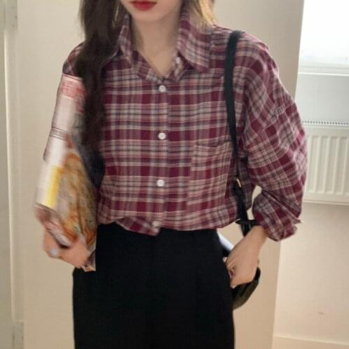 Oversized Women Long Sleeve Casual Shirt New Arrival 2021 Autumn Korean Style Vintage Plaid Loose Ladies Elegant Tops W406