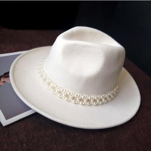 01908-jinri77 autumn winter pearl Lady jazz cap white wool fedoras cap women leisure panama hat