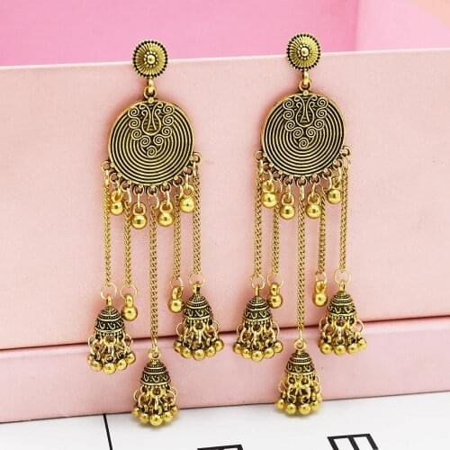 Womens Indian Jhumka Earrings Gold Sliver Color Big Bells Drop Long Tassel Hanging Earring For Women Boho Gypsy Afghan Jewelry