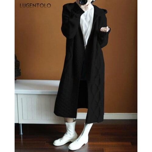 Cardigan Women Sweater Autumn Winter Hooded Long Sleeve Winter New Solid Color Loose Korean Cozy Lady Long Sweaters Lugentolo