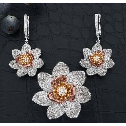 ModemAngel Flower Earrings Ring Set for Women Three Tone Gold Wedding Party Jewelry Gift Elegant Fashion Romantic