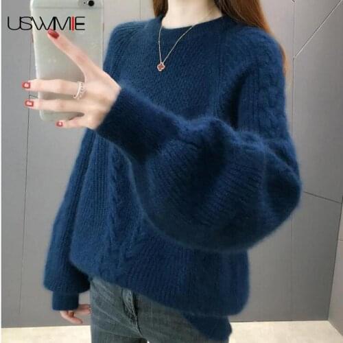 Sweater Women Round Neck New Fashion Leisure Autumn Winter Lantern Sleeve Pure Color Thick Comfort Bottoming Knitted Pullover