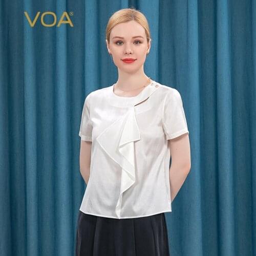 VOA Satin 19m/m Stretch Silk Large Splicing White Short-sleeved Skin T-shirt Tops Women 2021 BE121 Tshirt Women Befree