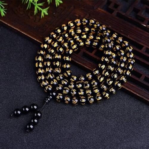 Natural Obsidian Six Words Bronzing 108 Beads Bracelet Fashion Jewelry With Many Layers Stretch Bracelets&Bangle For Men Women