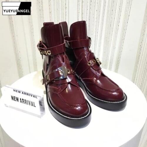 Brand Designer Women Hollow Out Ankle Boots Metal Buckle Cow Genuine Leather Shoes High Top Block Heels Casual Motorcycle Boots