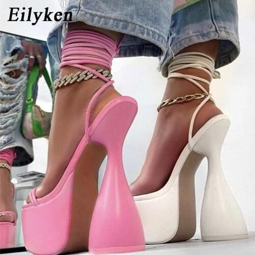 Eilyken 2021 New Roman Strappy Chunky Heels Fashion Big Fish Peep Toe Ankle Cross Lace-up Platform Sandals Women Shoes Size 40
