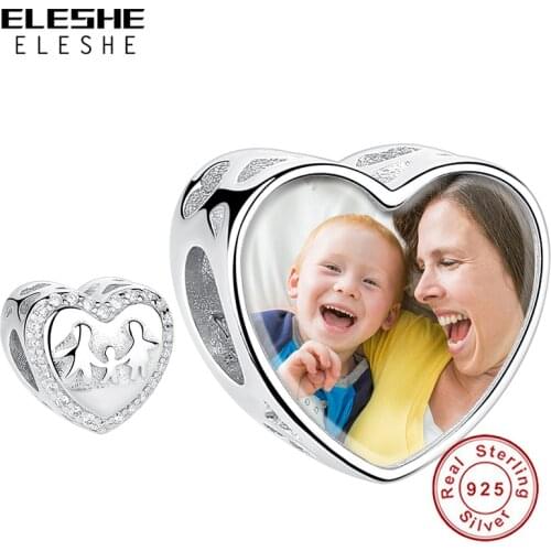 ELESHE Real Sterling Silver 925 Love Heart Family Charm Custom Photo DIY Jewelry fit Charm Bracelet Original for Women