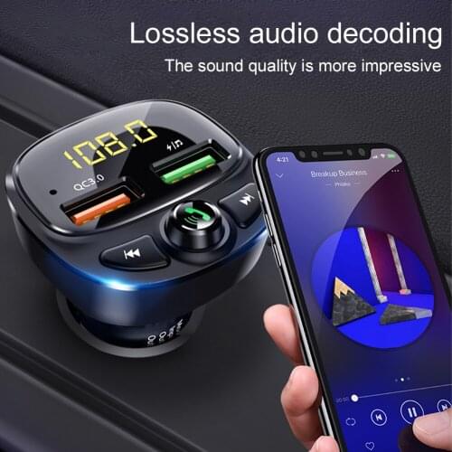 Car Bluetooth5.0 Wireless FM Transmitter MP3 Player 12-24V Audio Receiver Dual QC3.0 USB Fast Charging with Mic USB/TF Supported