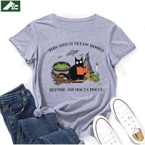 Cotton Cat Witch Graphic Shirts Blouses This Witch Needs Books Before Any T Shirt Women Clothing Unisex Halloween Harajuku Top