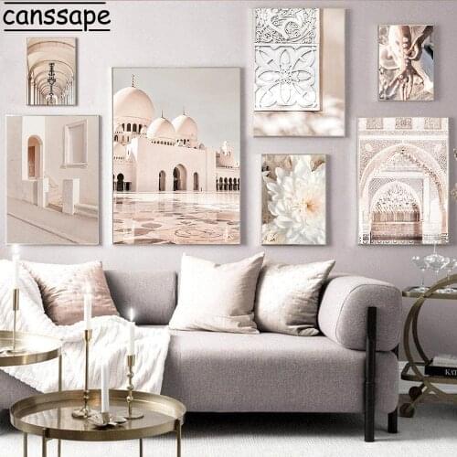 Islamic Wall Art Canvas Painting Mosque Building Poster Beige Flower Art Print Woman Hand Sand Wall Pictures Living Room Decor