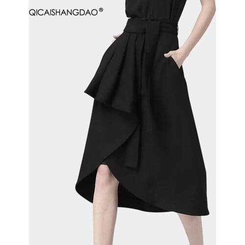 Fashion High Waist Black Lace-Up Womens Skirt A-Line Irregular 2021 Summer New Elegant Mid-Length Skirts Office Ladies Bottoms