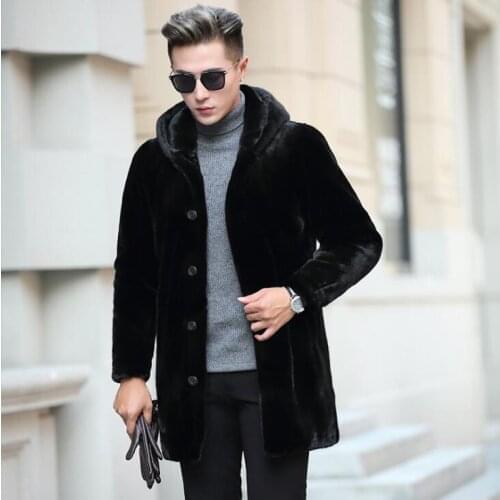 Hooded faux mink fur leather jacket mens warm fur leather coat men loose jackets winter autumn thicken jaqueta de couro black