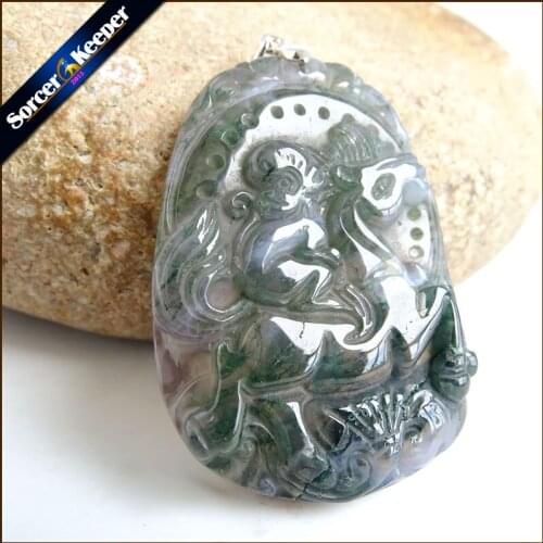 Hand Carved Brave Troops Animal Men Jewelry Natural Green Agates Stone Pendant Necklace Wholesale Crystal for Boys Gifts SS907