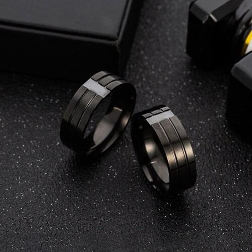 Business Type Black Stone Setting Accessories For Mens Finger Ring Two Lines Engraved Smooth Inner Thick Band Stainless Steel