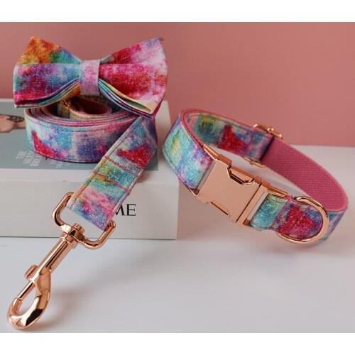 Pet Dog Cat Rainbow printing Collar Leash Set With Bling Bow Pet Puppy Neck Strap 4 Sizes For French Bulldog Dogs