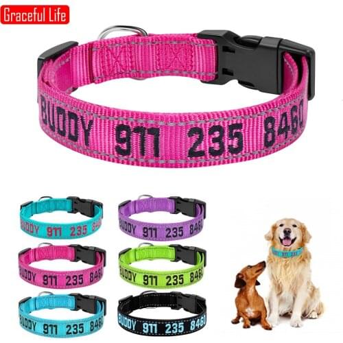 Nylon Webbing Dog Collar Personalized Pet Collars Embroidered ID Tag Name Phone Reflective for S XS M L Large Dogs Pitbull Pug