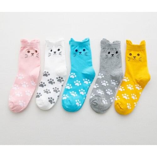 Cat Three-dimensional Ears and Footprints Tube Socks 1 Pair Womens Cartoon Cat Socks Colorful Korean Style Cotton Socks